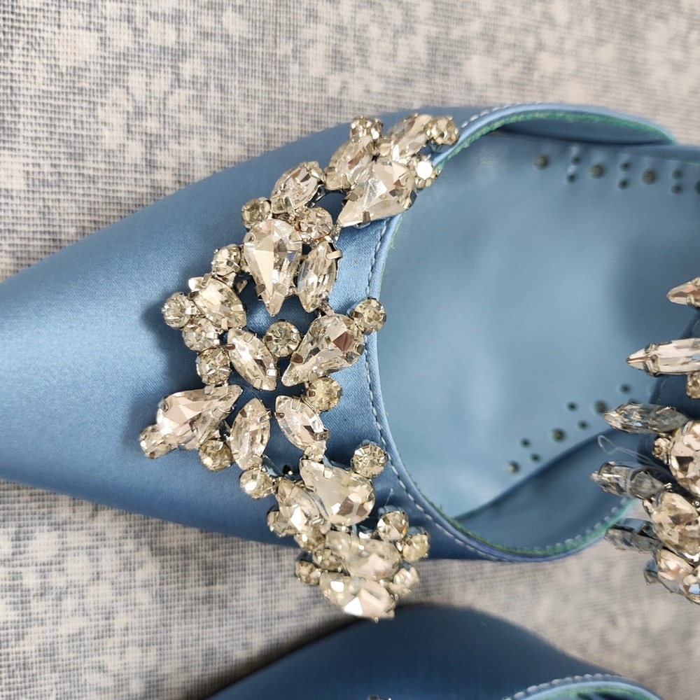 Manolo Blahnik Light Blue Satin Pointed-Toe Jeweled Mules - Picture 5 of 13